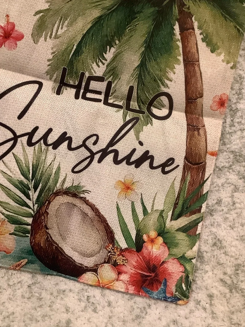 Hello Sunshine Tropical Palm Coconut Floral Small Garden Flag Burlap NWT